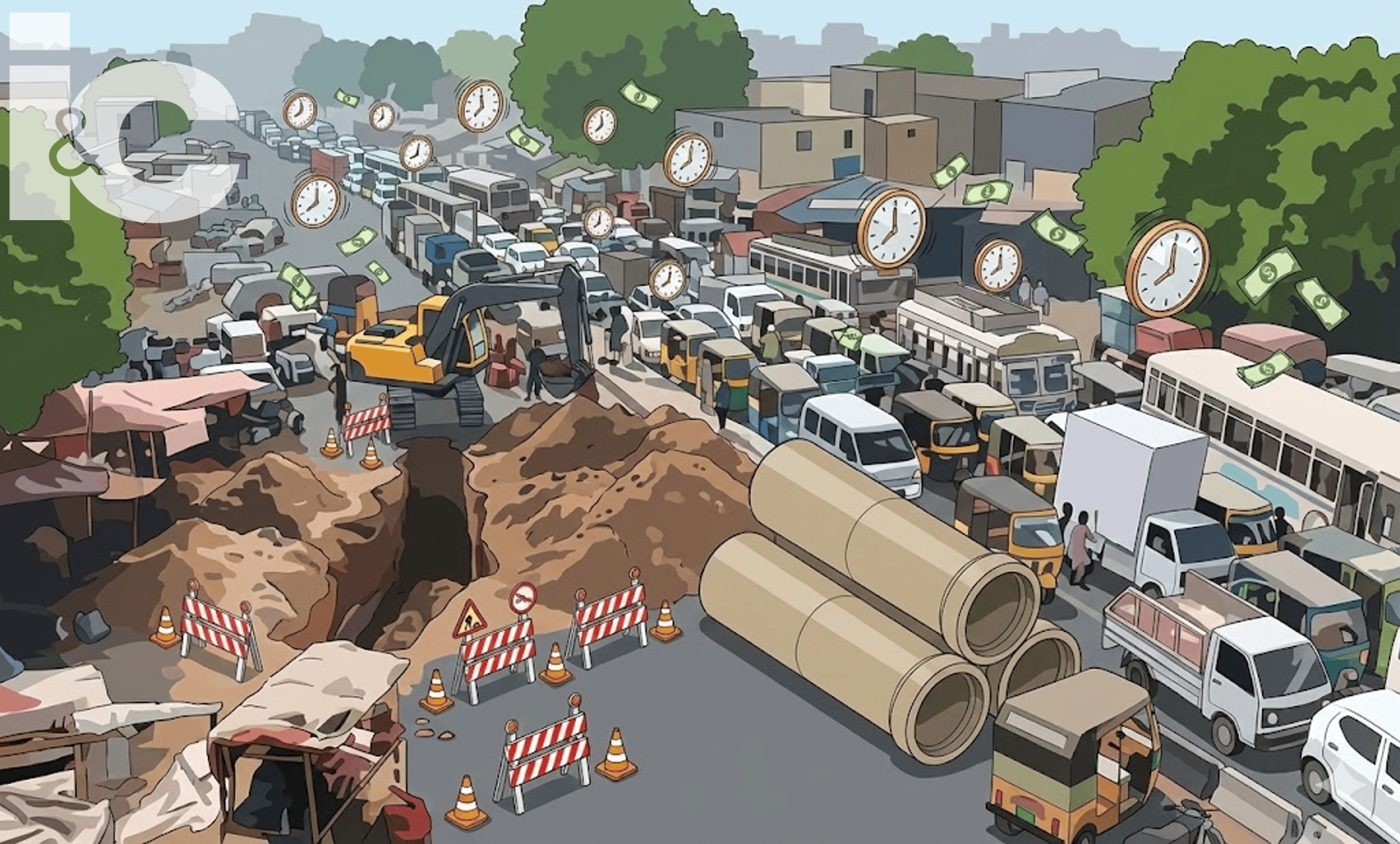 Ilustración de una obra donde se desvía el tráfico para instalar tuberías con una excavadora, generando un embotellamiento vehicular